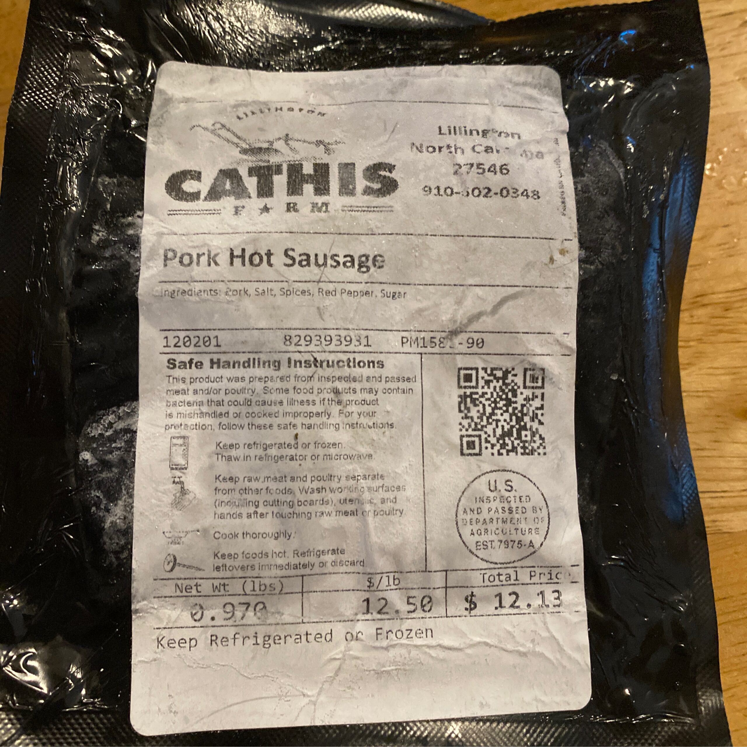 Cathis Pork Hot Sausage .97 lb